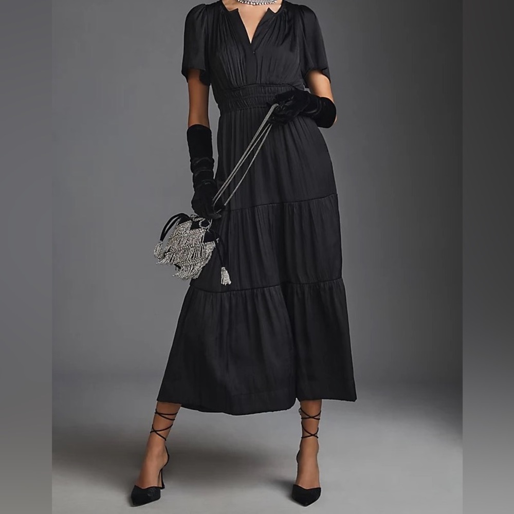 Anthropologie Somerset Black tiered Silk Maxi Dress Size XS